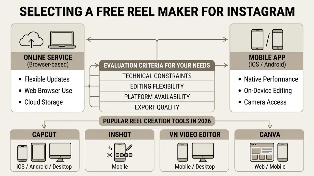 Comparison chart outlining evaluation criteria for browser-based versus mobile video editing software