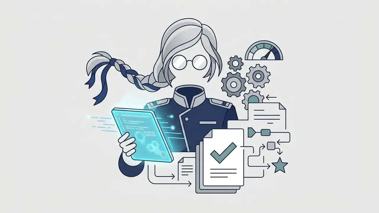 Silver haired mecha pilot in military uniform holding a glowing tablet amidst gears and process documents