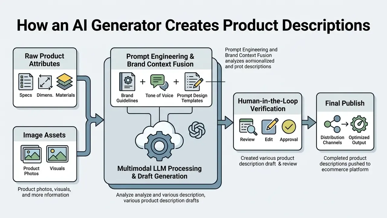 Step-by-step workflow showing how an AI product description generator processes data from input to publish