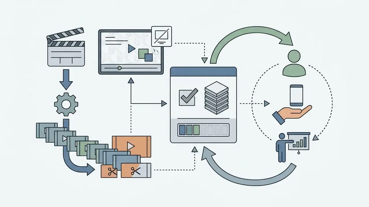 Video clips and editing tools feeding into a central data processor that serves creators and marketers