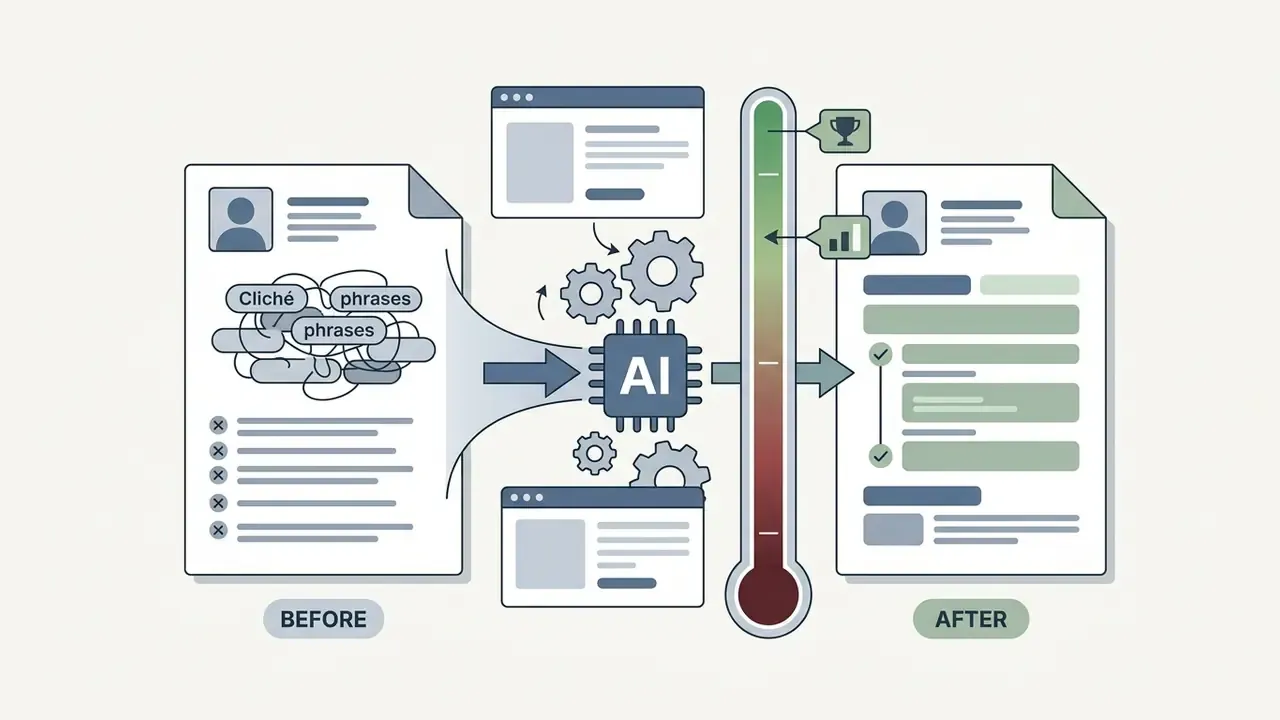 Resume with cliché phrases being processed by AI into a refined document with a quality meter