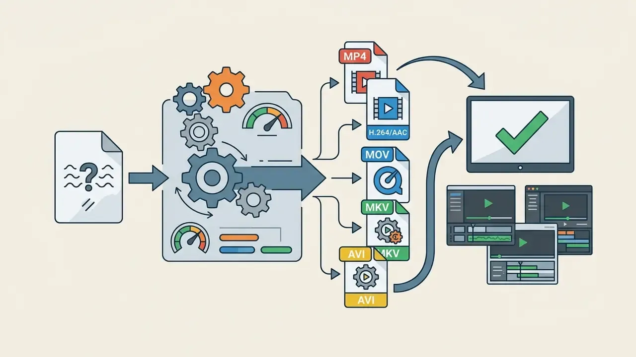 Gears processing an unknown file into various video formats for playback and editing software