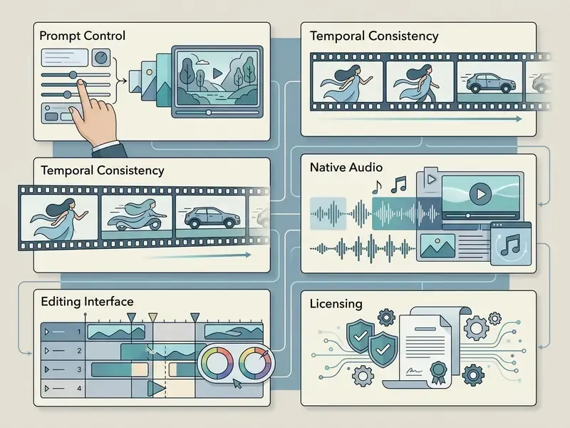 Infographic showing evaluation factors for an AI video generator including prompt control and licensing