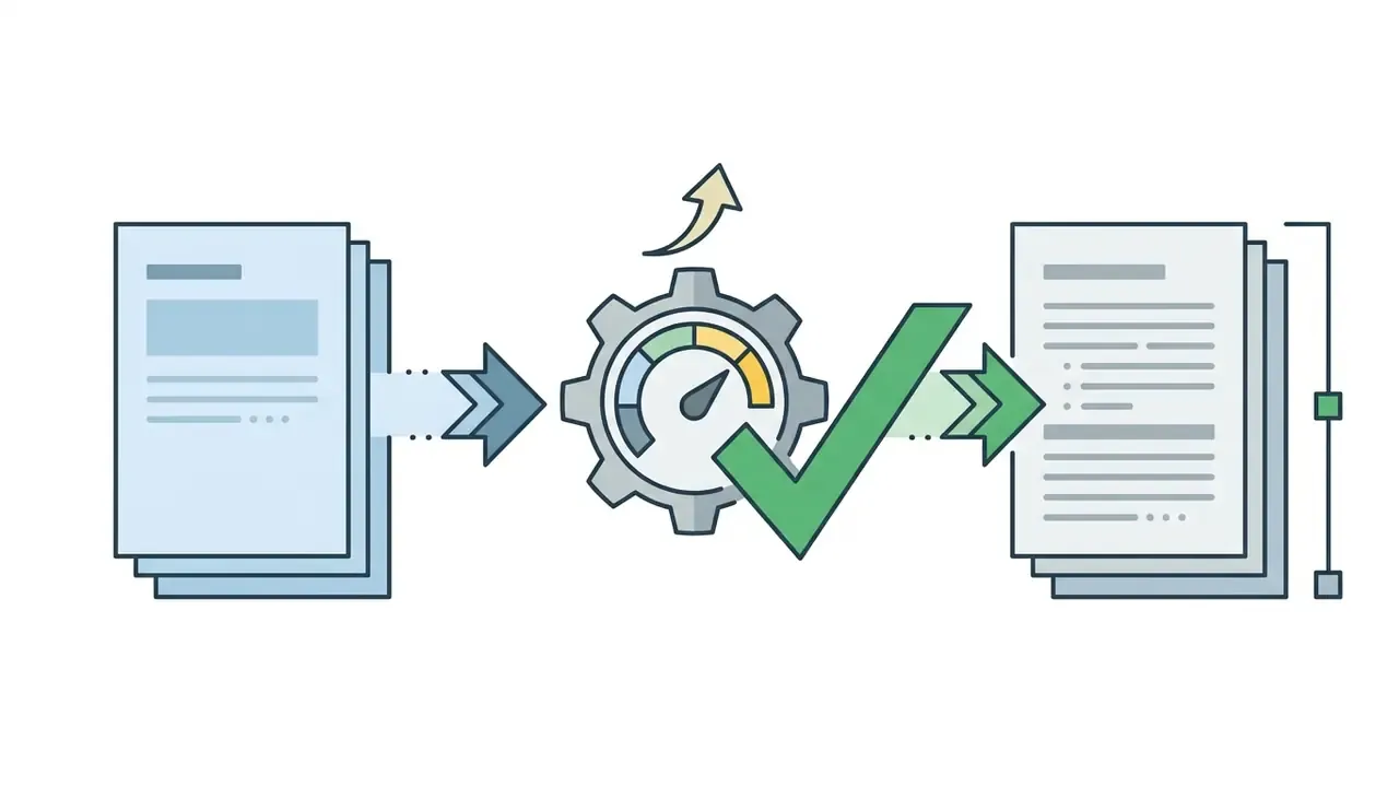 Document stack moving through a gear and checkmark processor to become a refined output document