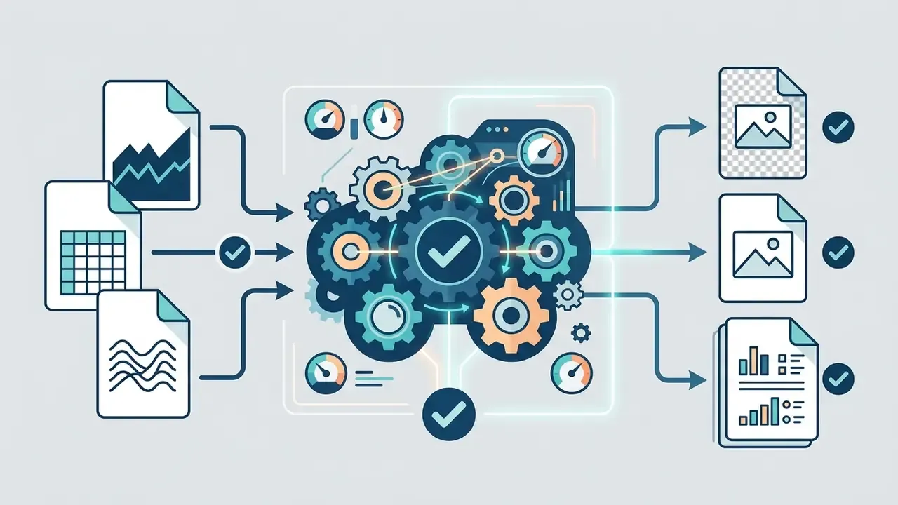 Central gear mechanism processing various document inputs into verified output file formats