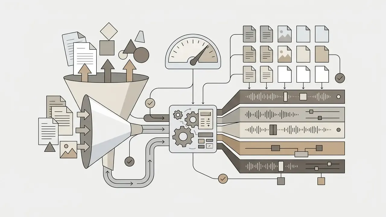 Funnel processing various file formats into a central engine that outputs multi-track audio layers