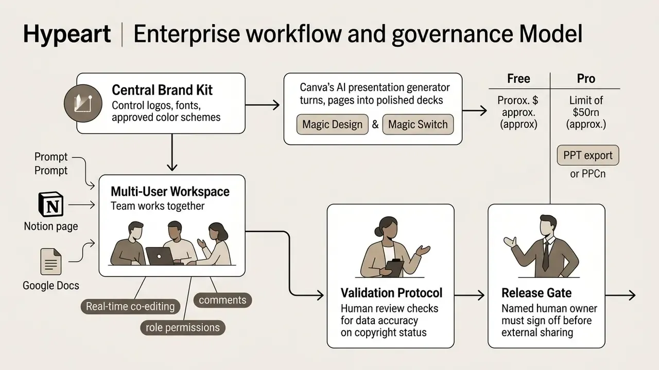 Process map detailing enterprise brand governance, team collaboration, and final human sign-off stages