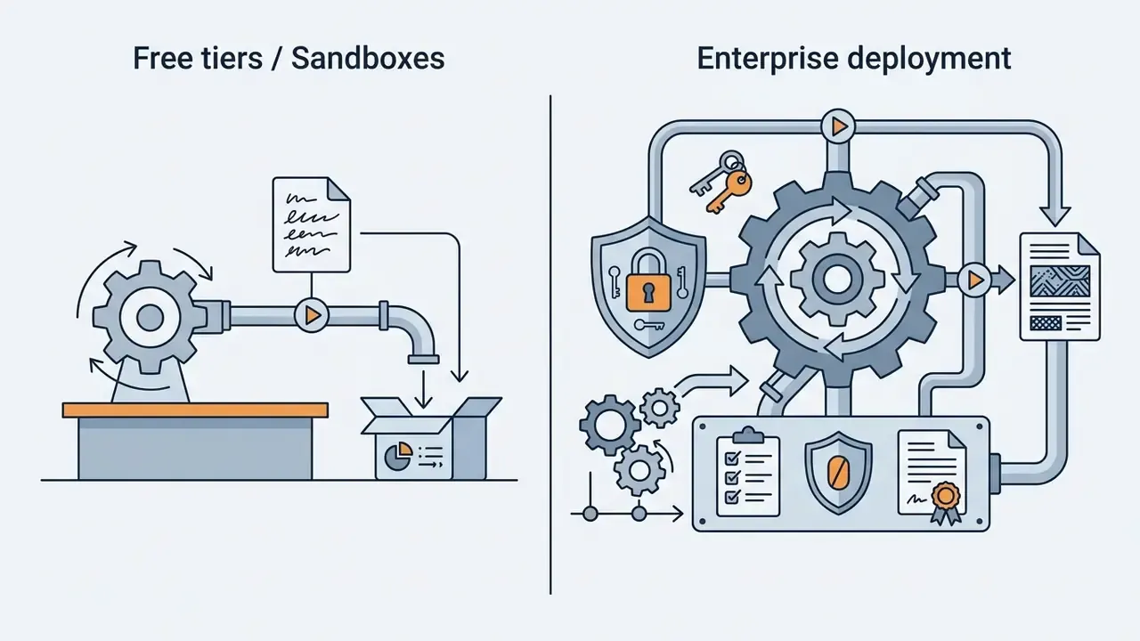 Side-by-side comparison of a simple sandbox processing loop versus a complex enterprise security system