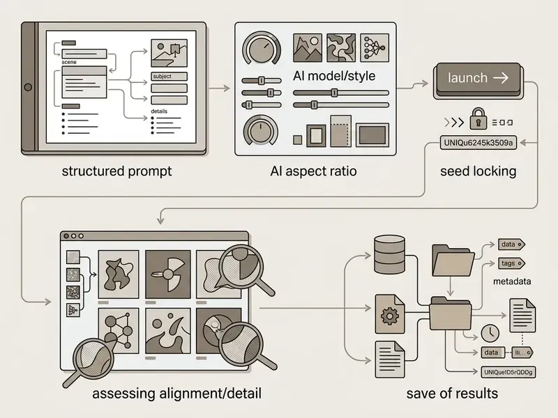Numbered workflow showing prompt creation, model settings, seed locking, assessment, and data storage