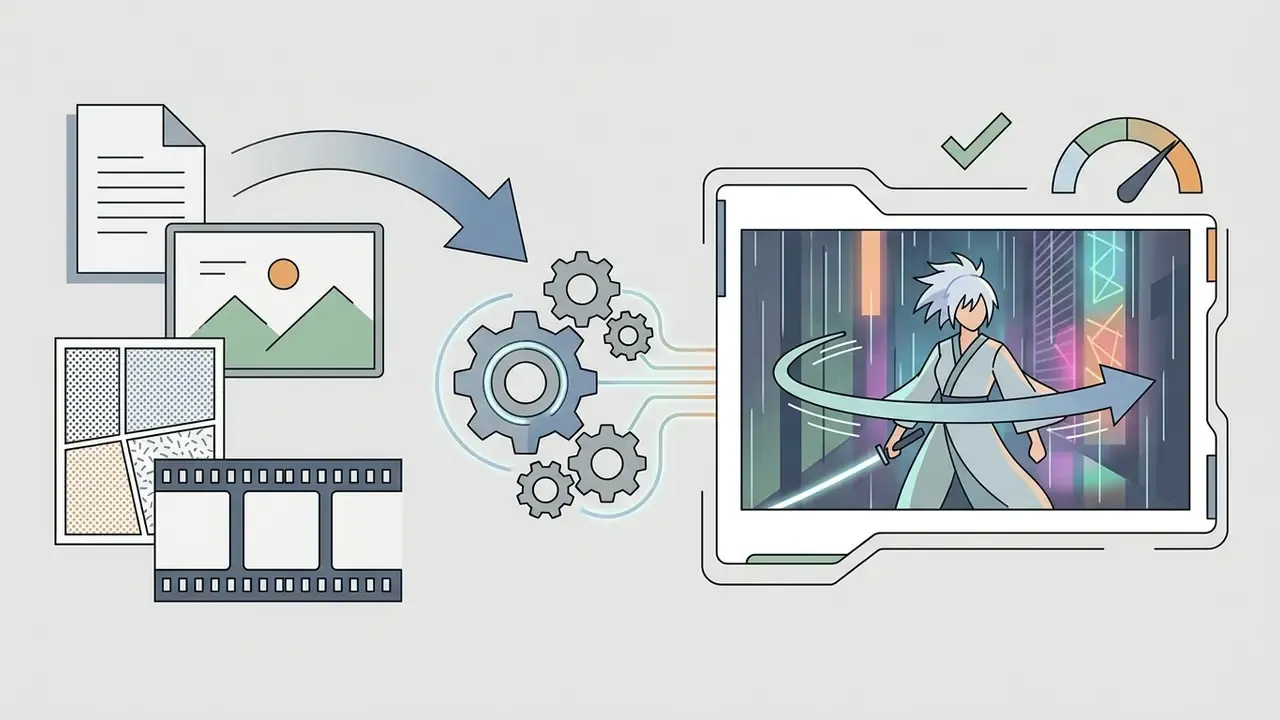 Media inputs feeding into a central gear system that outputs to an animated swordswoman scene