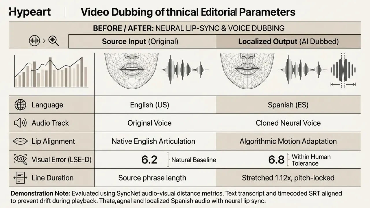 Data table contrasting source input and localized output metrics for neural lip sync and voice dubbing