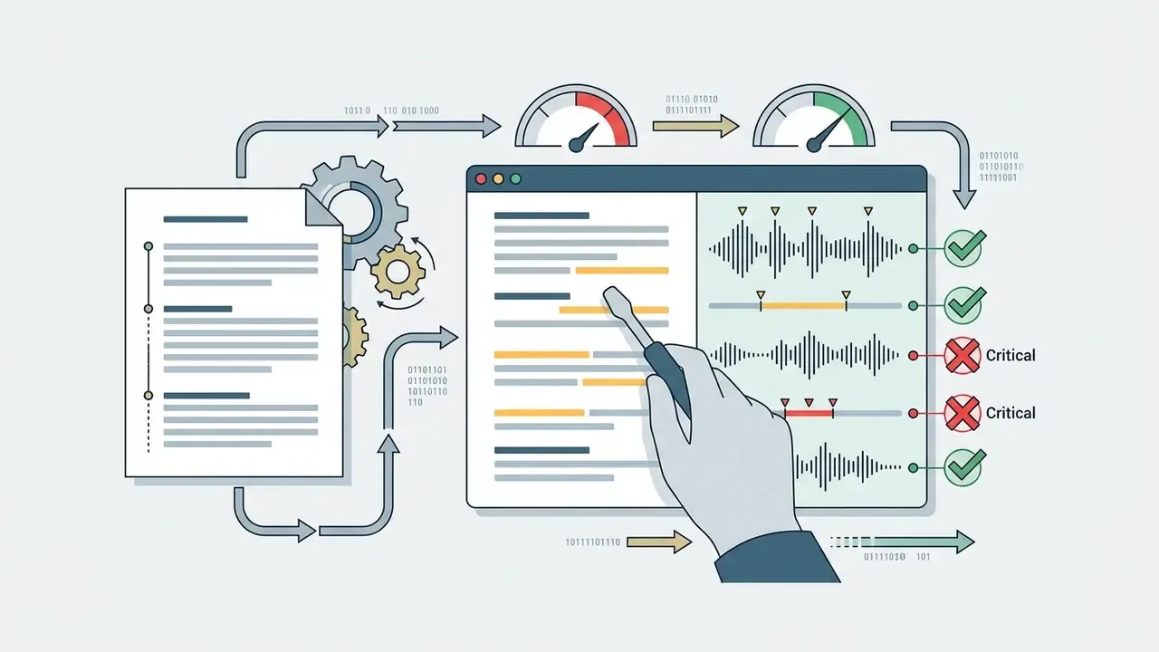 Hand using a pointer to review text and audio waveforms with checkmarks and critical error indicators