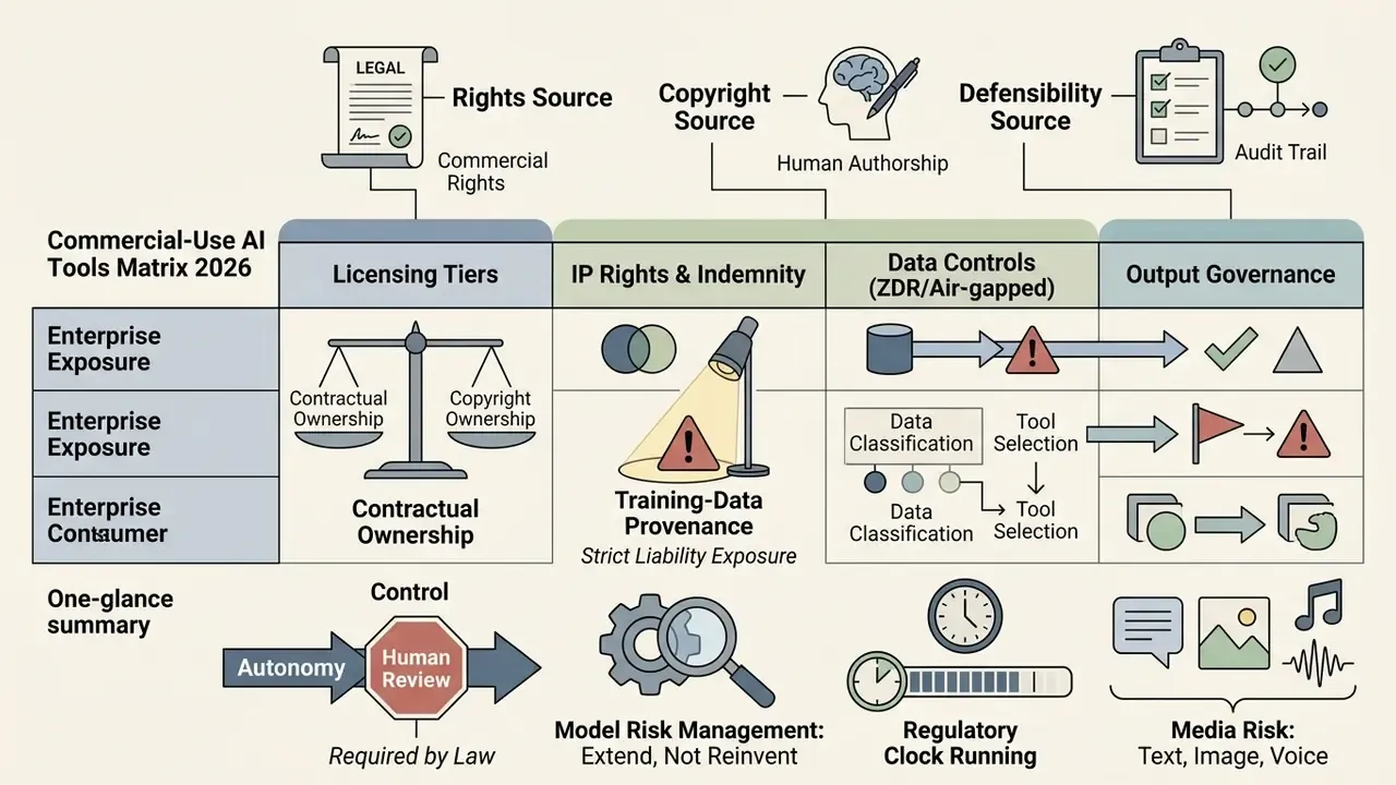 Commercial-Use AI Tools Matrix detailing licensing tiers, data controls, and output governance risks