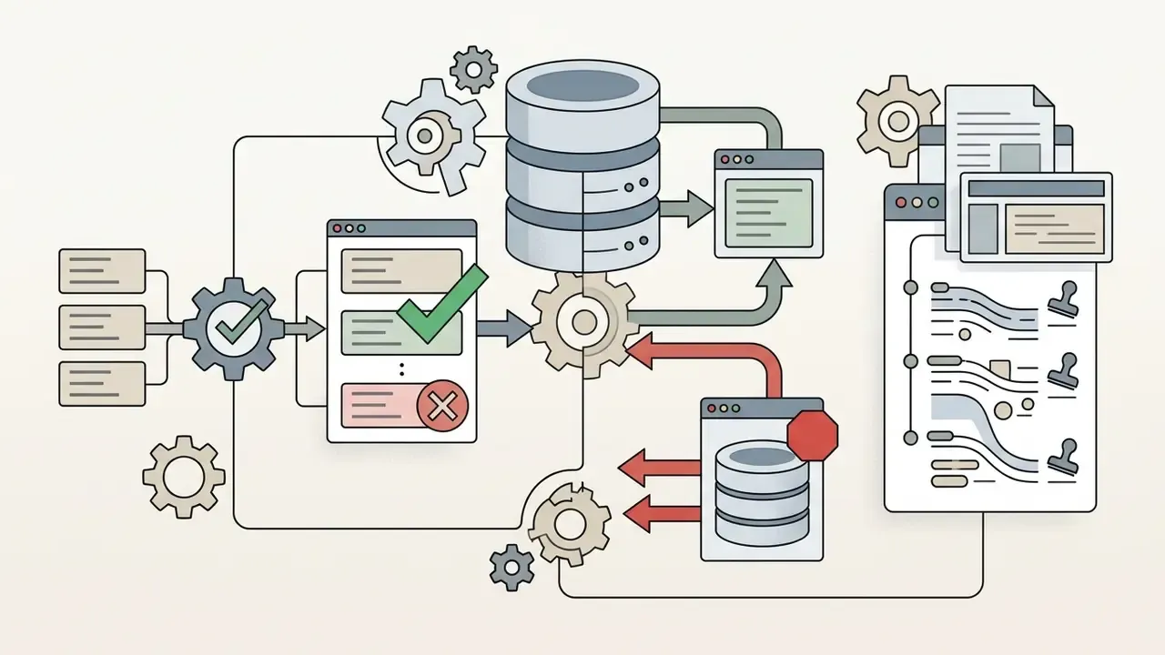 Data blocks passing through gears and validation checks into database storage and audit logs