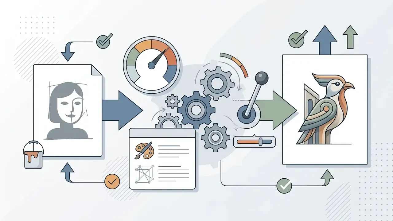 Gears and a control lever processing a base image and style prompts into a new artistic output