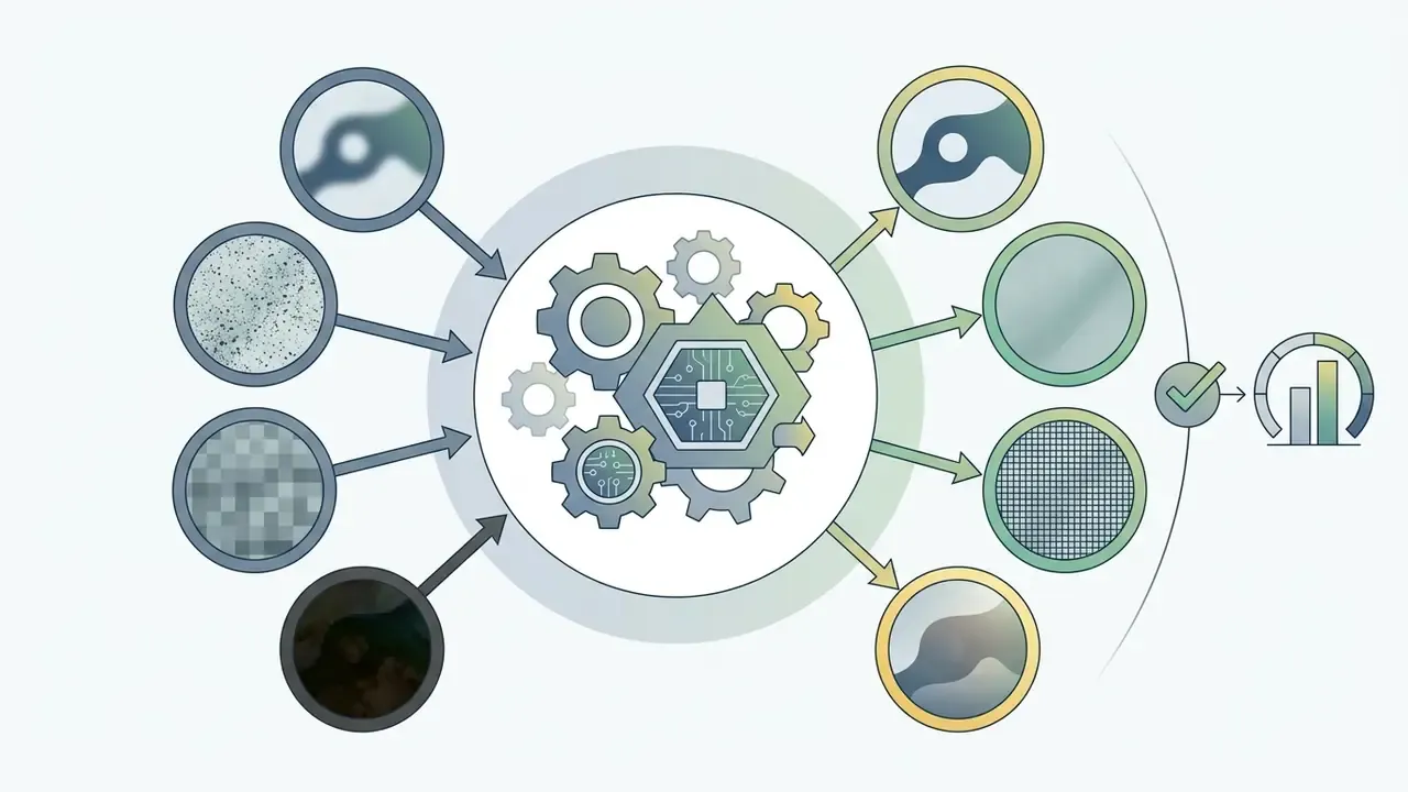 Central gears and a microchip processing various low-quality inputs into refined visual outputs