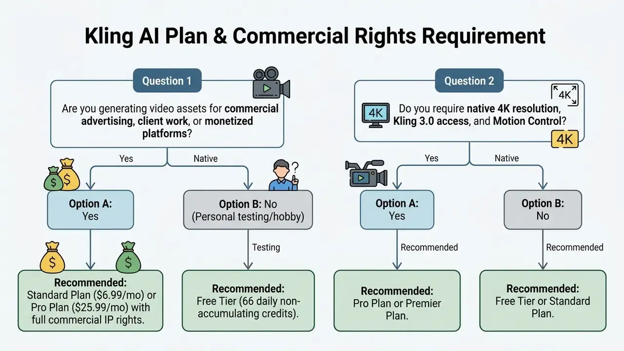 Decision tree matching user needs for commercial rights and video features to specific subscription plans