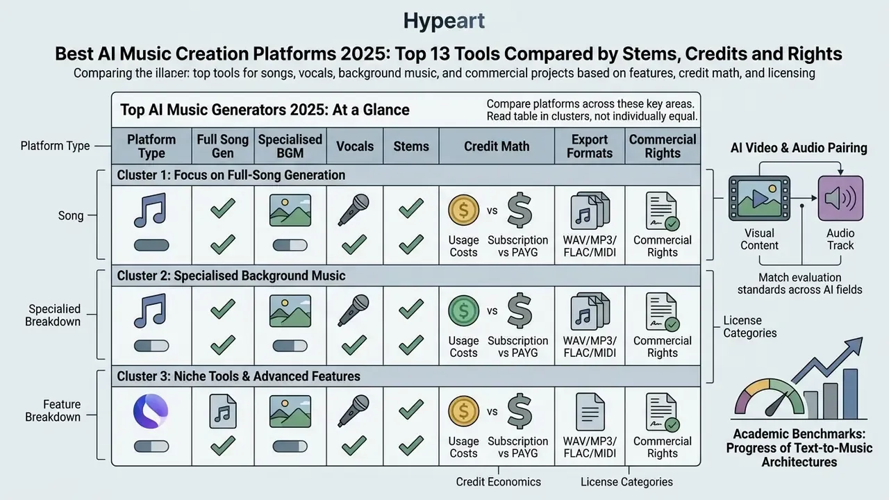 Comparison table grouping the best AI music generator 2025 tools by generation focus and licensing