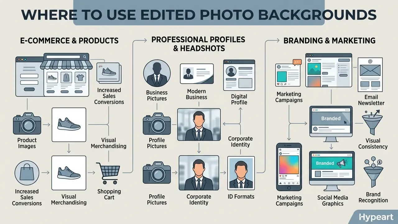 Flowchart showing use cases for visual assets in e-commerce, professional headshots, and marketing campaigns