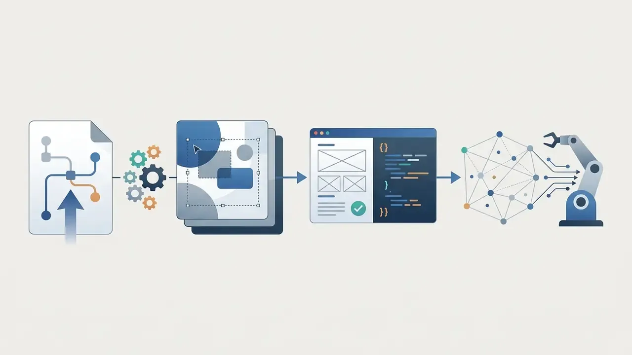 Data flow from a document into design layers, code generation, and a robotic arm managing a network node