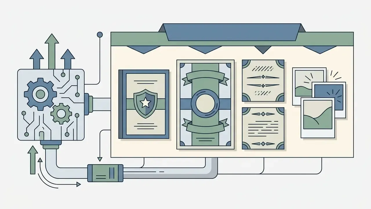 Gear mechanism feeding into a display of book covers, posters, and social media visual assets