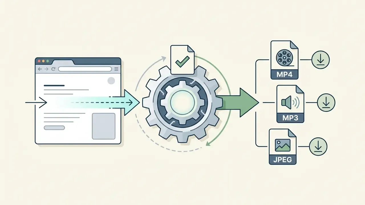 Browser window feeding a central gear mechanism that outputs MP4, MP3, and JPEG file formats