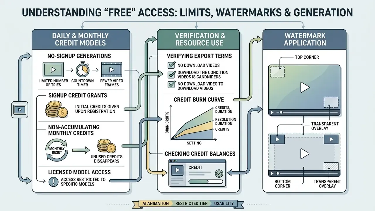 Flowchart detailing credit models, verification steps, and watermark placement for AI video generation