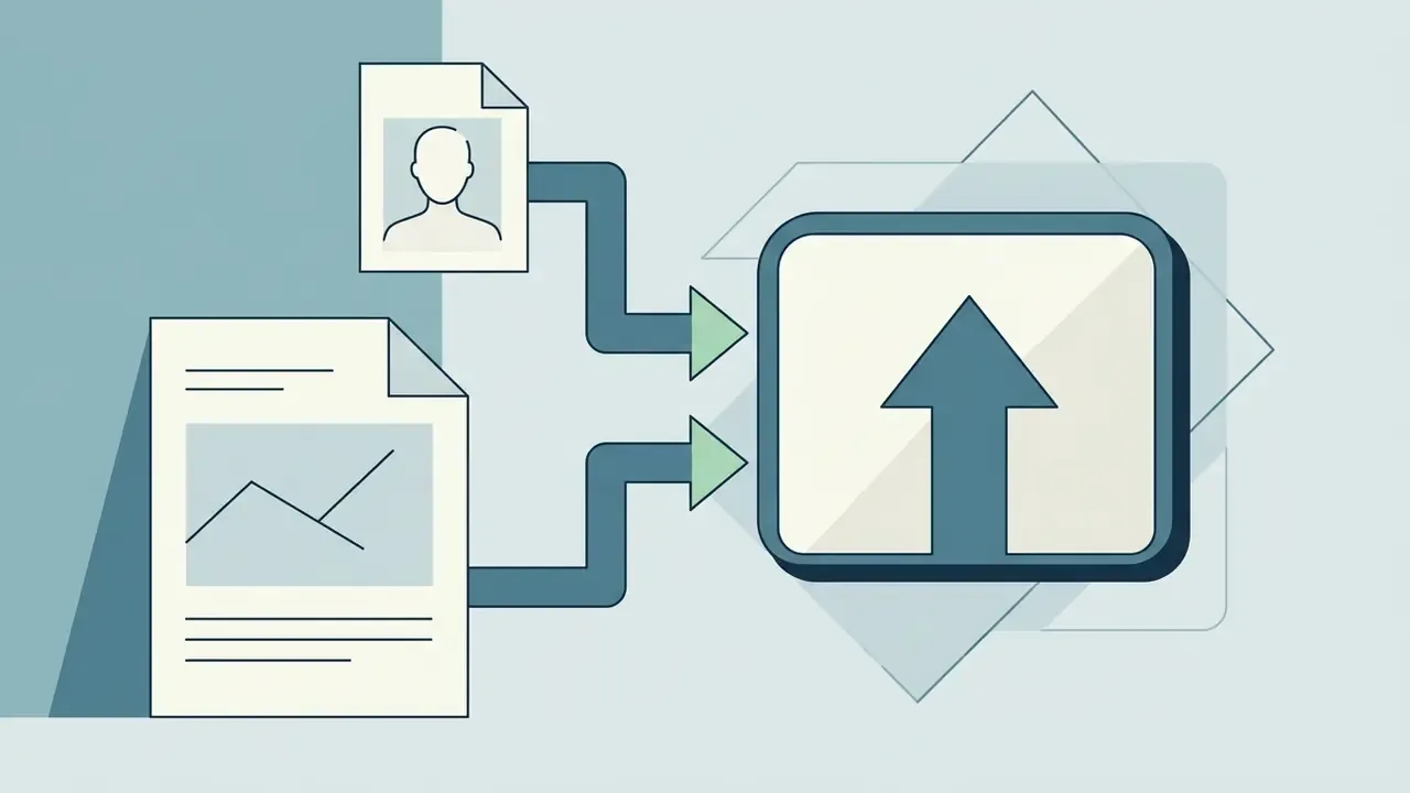 Two document icons merging into an upload button to add a person to photo online free