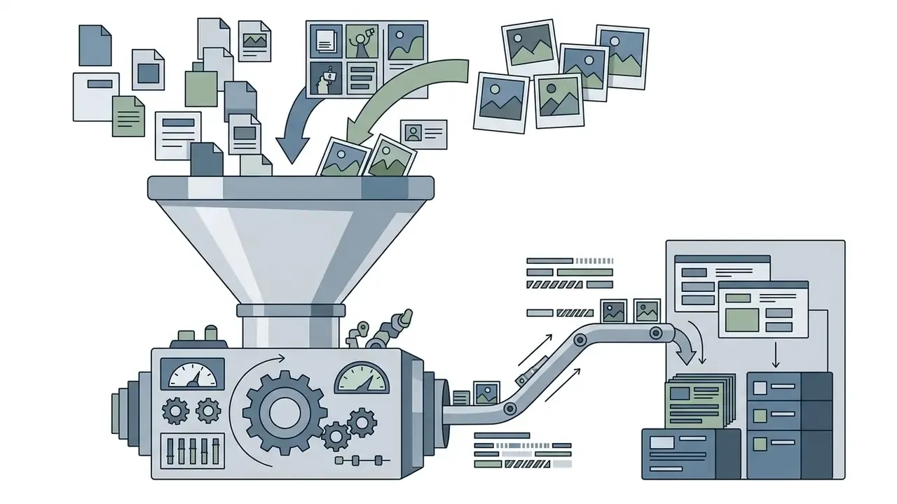 Digital documents and images being funneled into a machine for processing and storage in a server database
