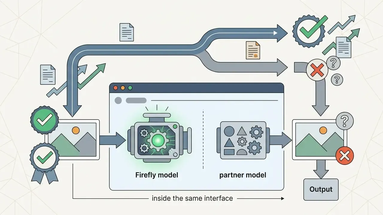 Two processing paths showing distinct commercial usage rights for Firefly and partner AI models