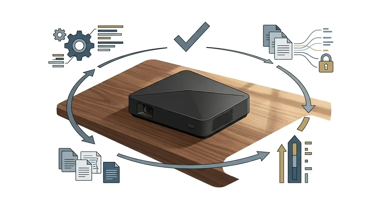 Matte-black device on a wood surface surrounded by icons for processing and secure file management