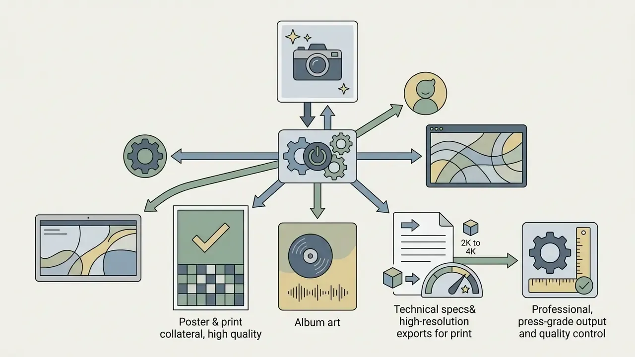 Central processing hub connecting an image to various creative outputs including prints and album art