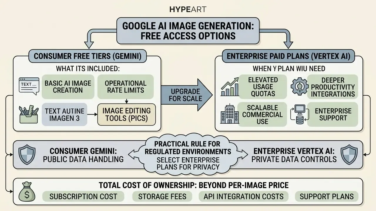 Comparison diagram contrasting consumer Gemini free tiers with enterprise Vertex AI paid subscription plans