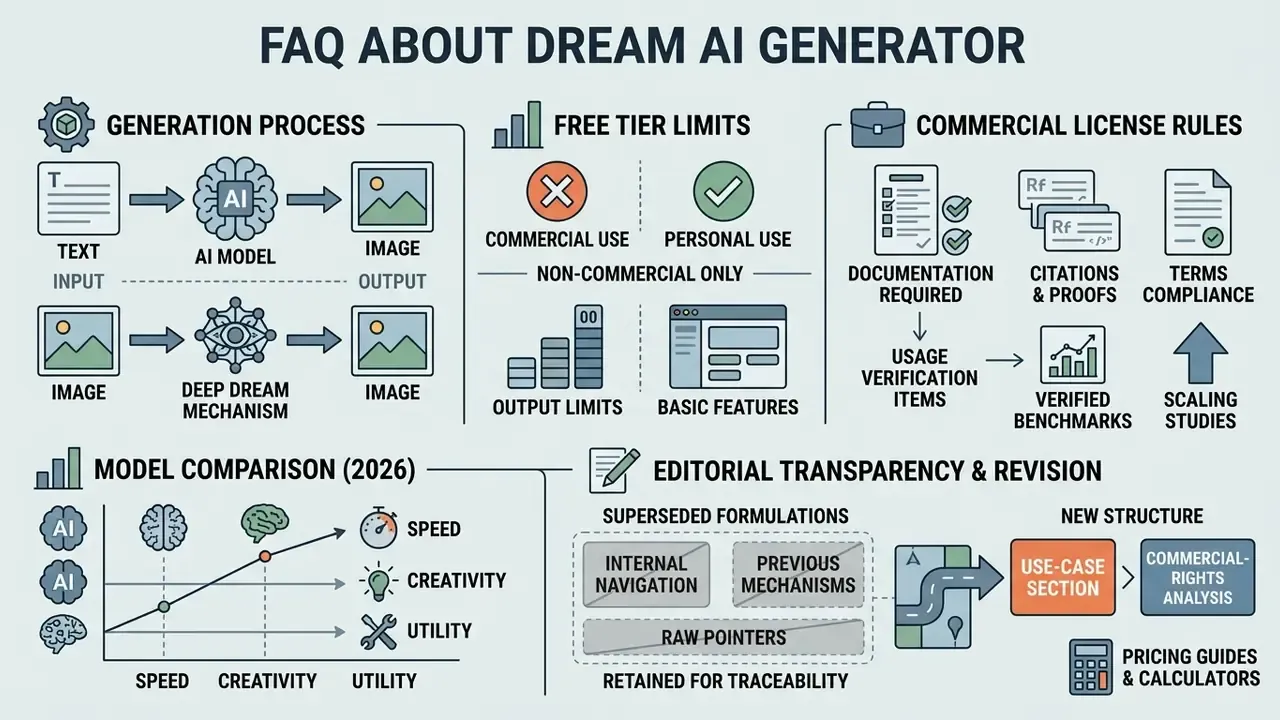 Infographic summarizing generation processes, commercial rules, model comparisons, and editorial revisions