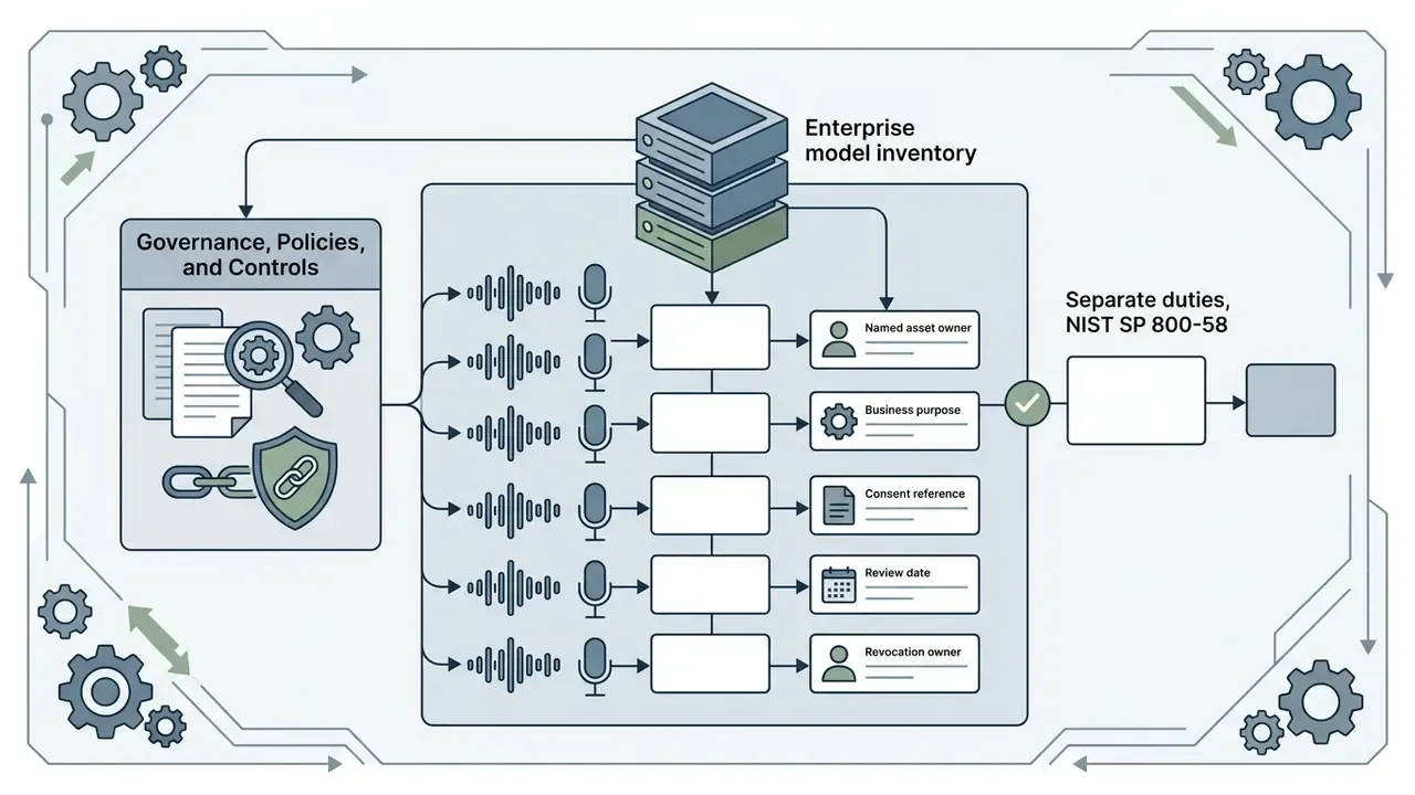 System mapping voice assets to governance controls, inventory records, and network separation protocols
