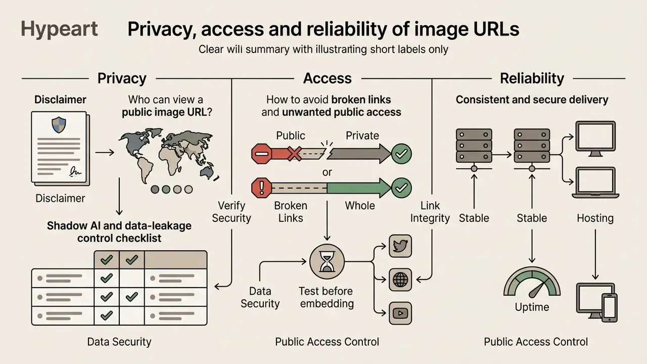 Summary of privacy, access, and reliability factors for image URLs using icons and checklists
