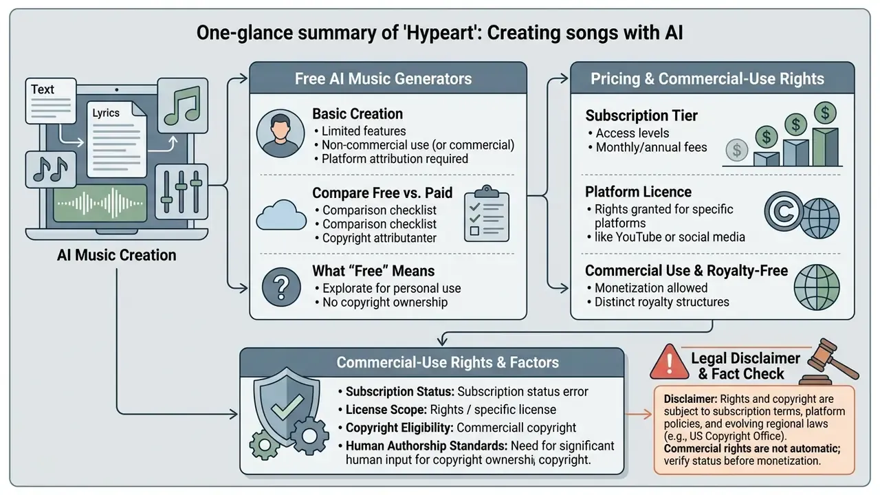 Infographic summarizing how to create a song with AI, covering free tools, pricing, and legal rights