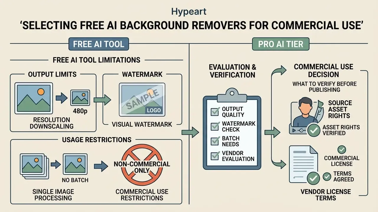 Comparison chart between free AI tool limitations and professional tier commercial use verification steps
