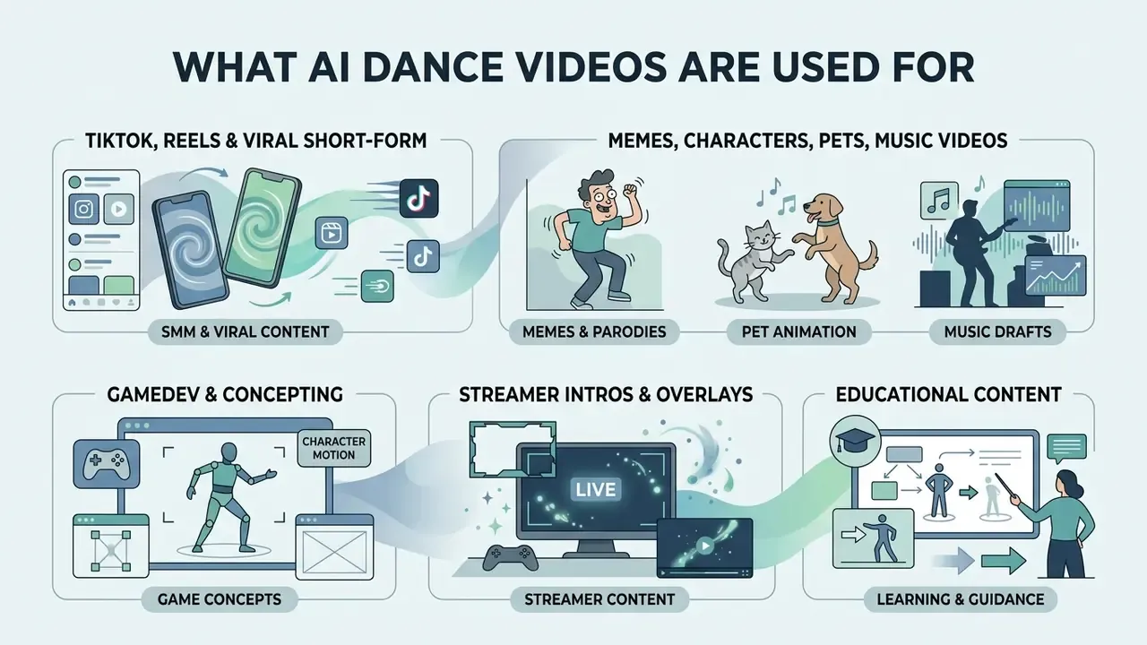 Diagram showing various professional and creative applications for an ai dance generator
