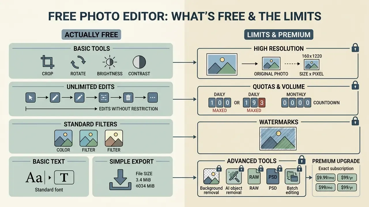 Comparison chart showing free basic editing tools on the left and premium restrictions on the right