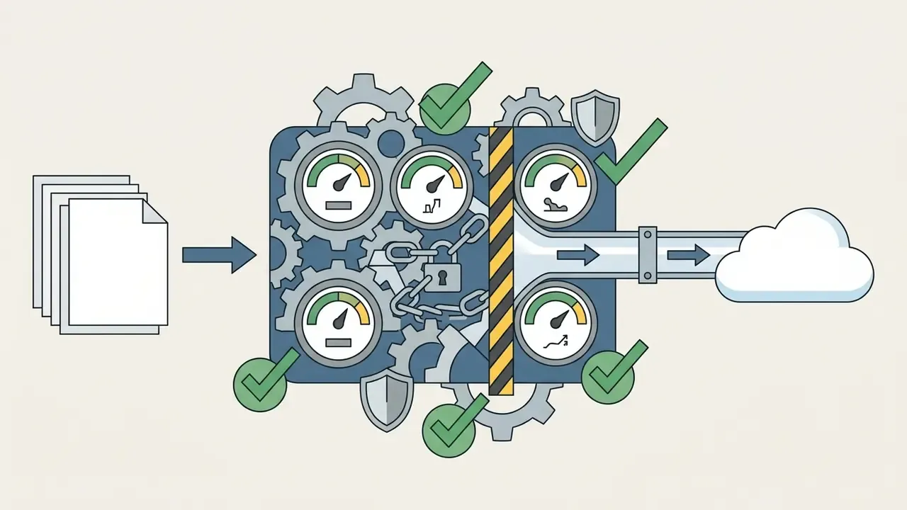Documents moving through a secured processing engine with gauges and checkmarks toward a cloud network