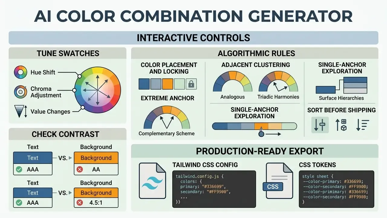 Interactive dashboard showing color tuning tools, algorithmic placement rules, and code export options