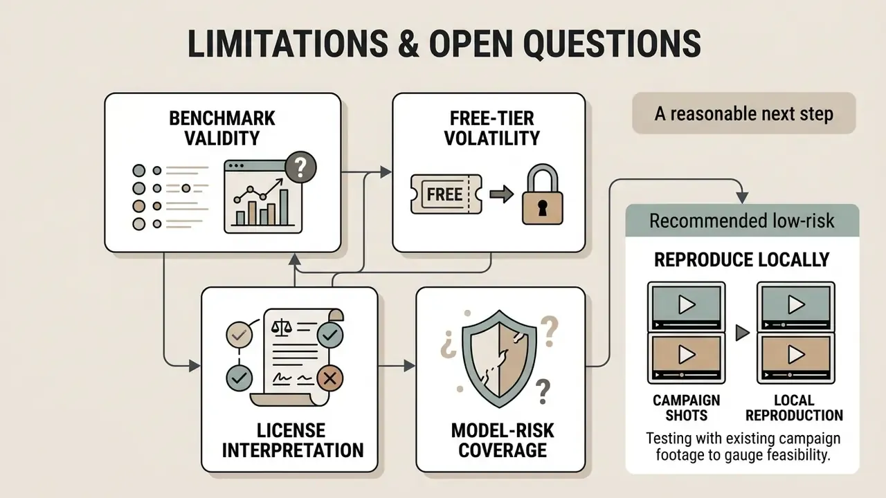 Conceptual diagram outlining challenges in AI video generation and a low-risk local testing strategy