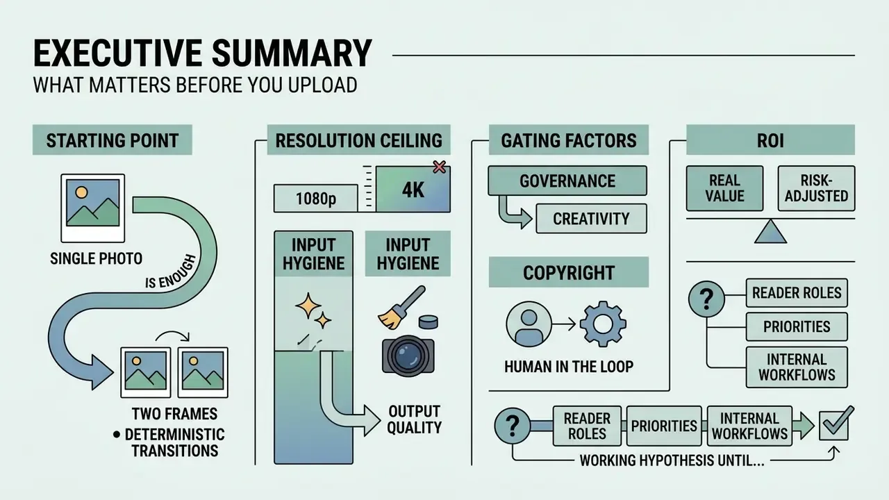 Infographic showing key considerations for making an AI video from a photo including resolution and workflow