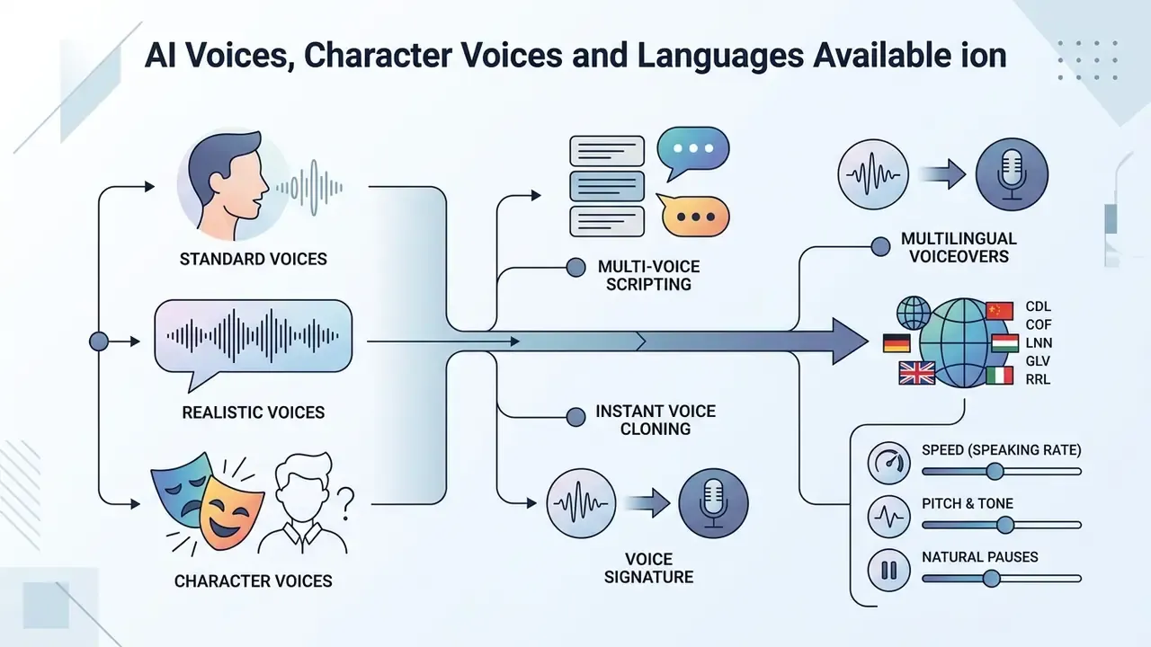 Diagram detailing AI voice options including character styles, multi-voice scripting, and language settings