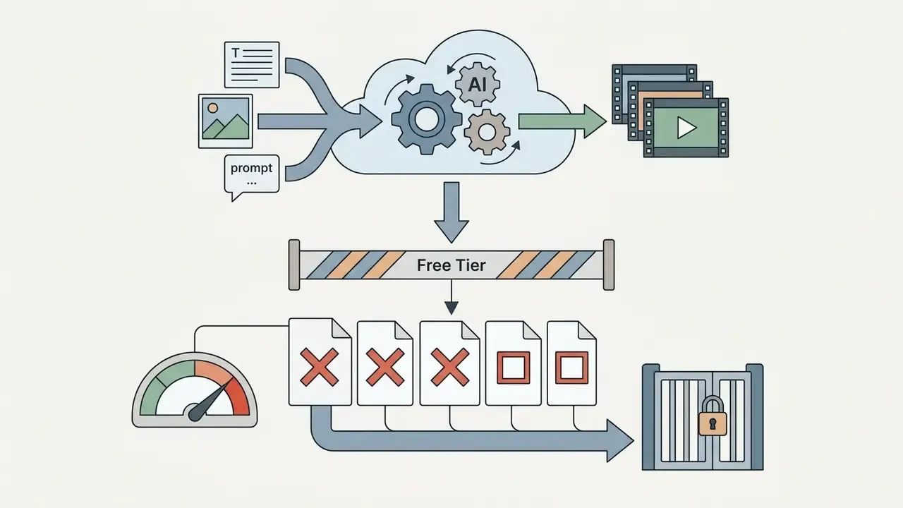 Inputs processing through a cloud engine into a free tier gate with missing compliance documentation