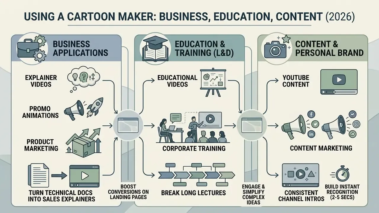Infographic showing how animated video tools support corporate training, marketing, and brand growth