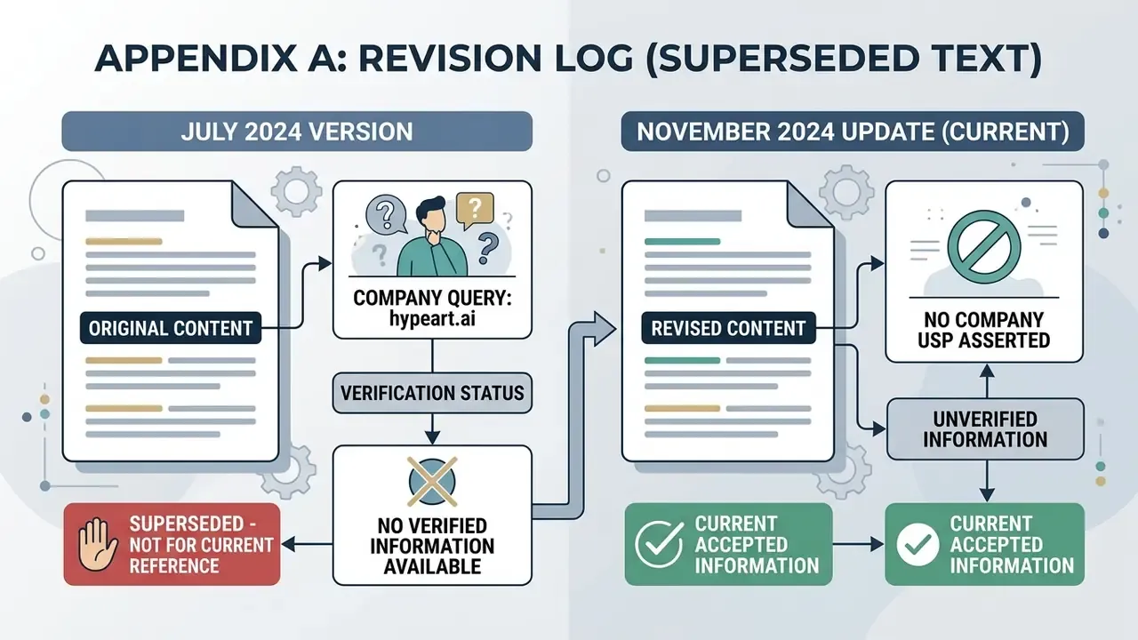 Comparison of July 2024 and November 2024 content versions showing verification status for hypeart.ai
