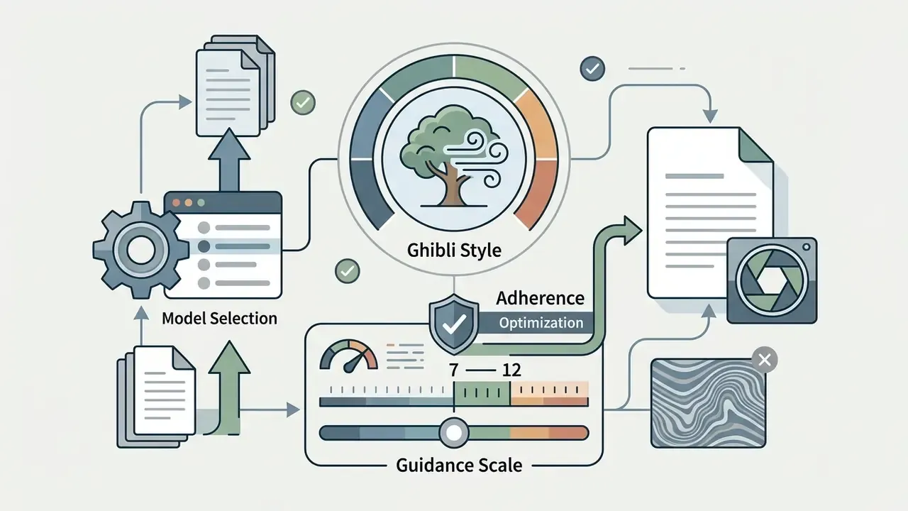 Flowchart showing model selection and a guidance scale slider for optimizing prompt adherence