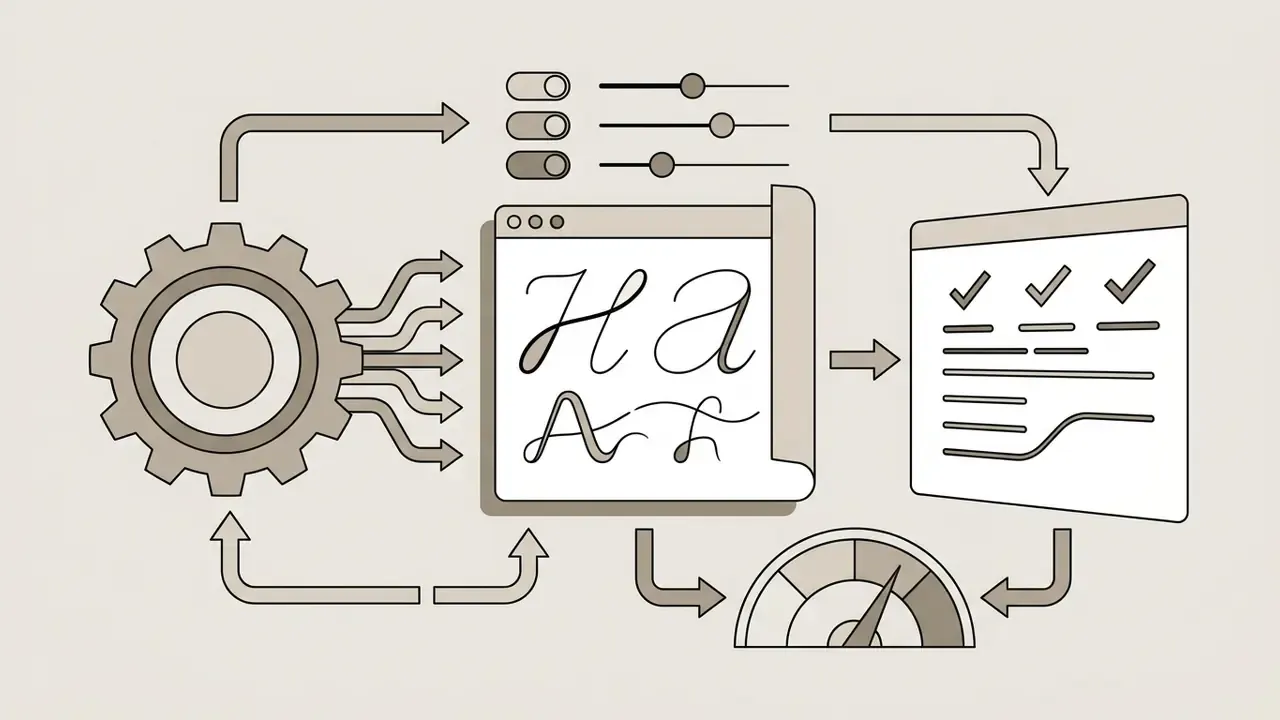 Gear mechanism connected to a design interface with sliders and a checklist for typeface customization